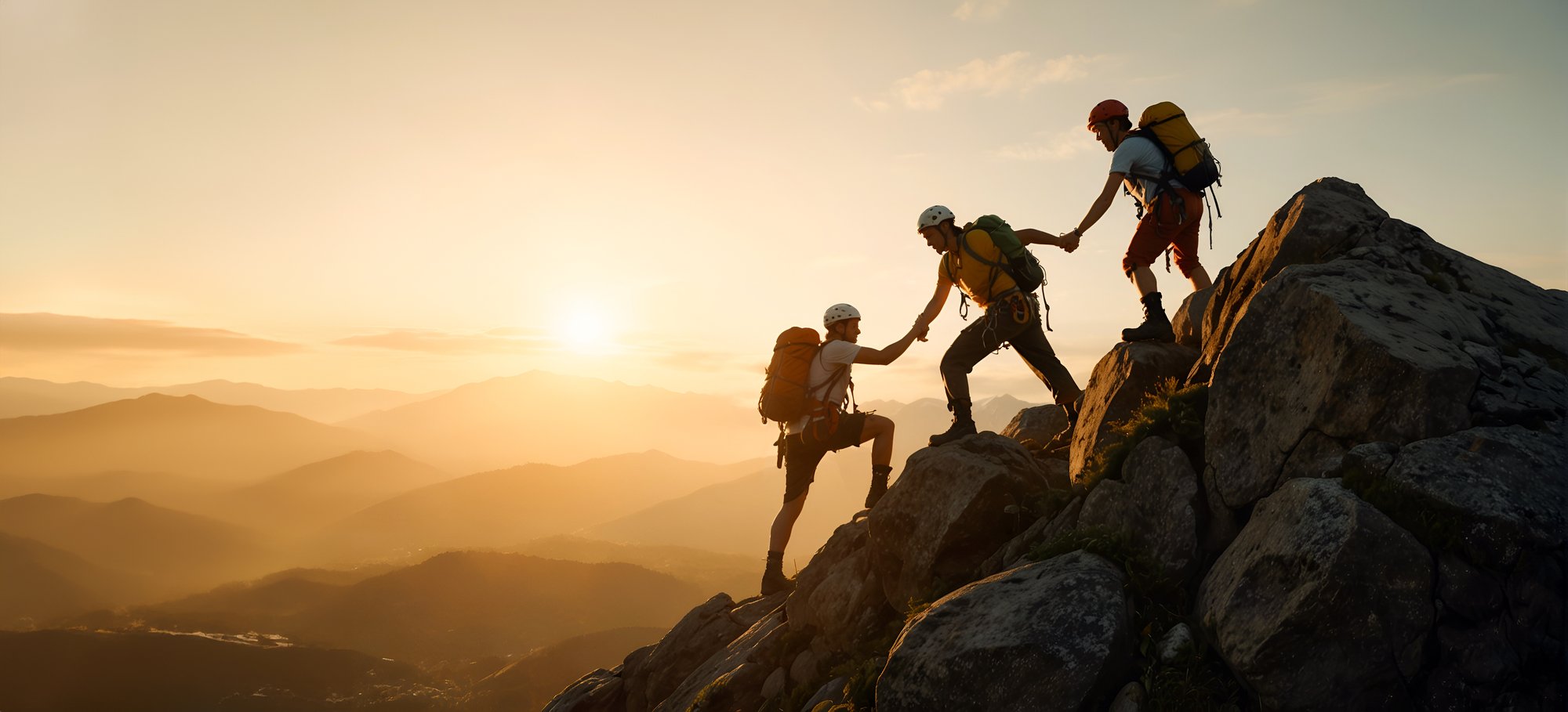 three-climbing-friends-helping-each-other-as-team-reach-mountain-peak